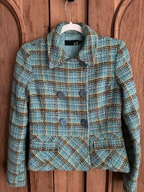 Vintage Dynamite Teal Blue Plaid Tweed Double Breasted Jacket Coat